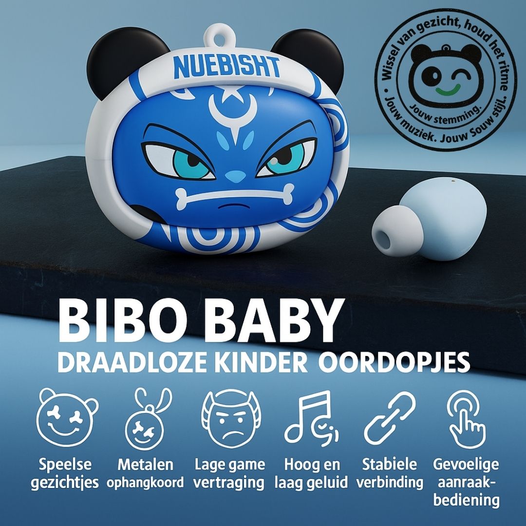 Blauwe Bibo Baby draadloze oordopjes met verwisselbare gezichtjes – speels ontwerp en helder geluid voor kinderen.
