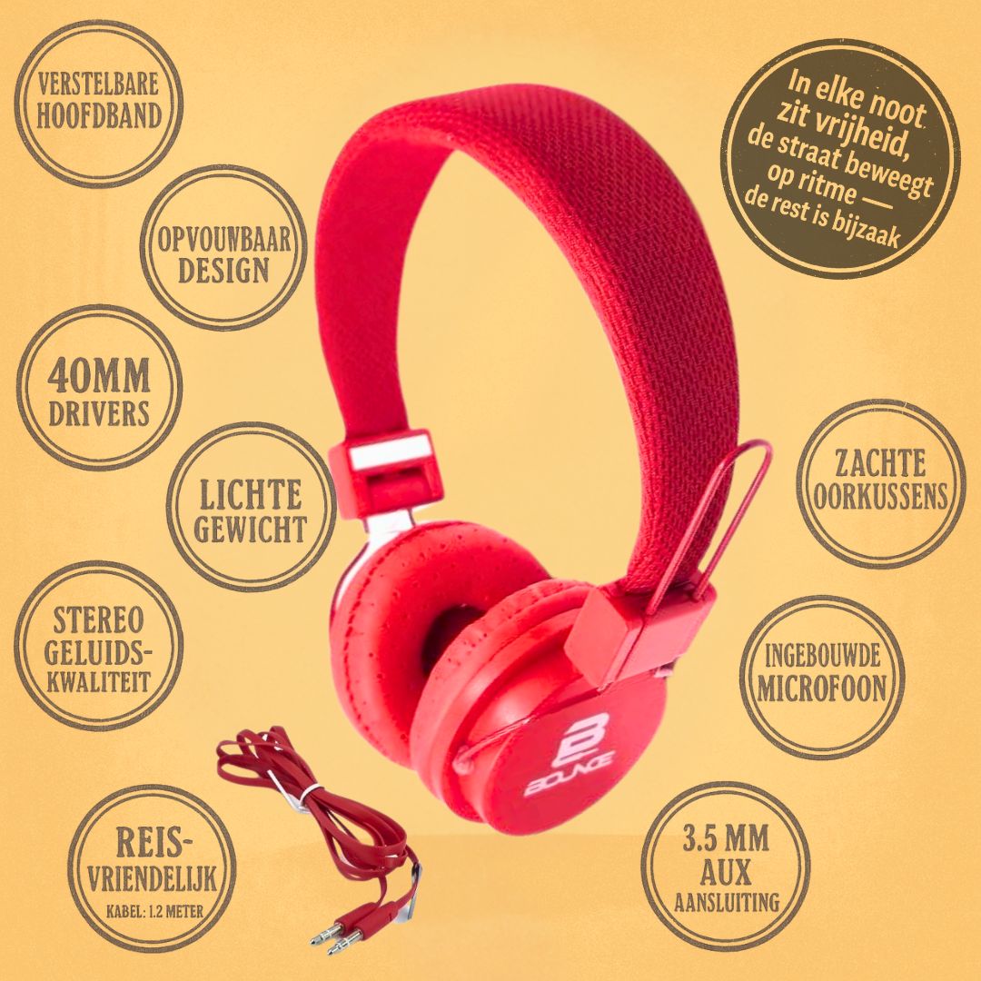 Bounce Ball Serie – Opvouwbare Bedrade Hoofdtelefoon, 40mm, 3.5mm AUX, Rood - FivesquareNLRoodBounce Ball Serie – Opvouwbare Bedrade Hoofdtelefoon, 40mm, 3.5mm AUX, Rood