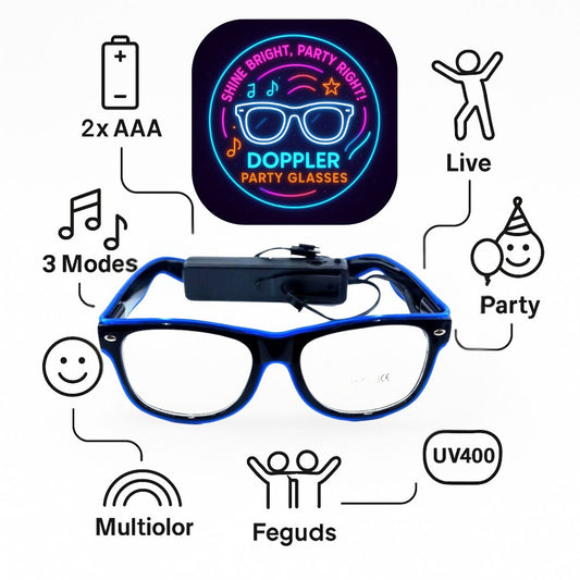 Blauw LED Partybril – Neon Verlichting – Op Batterijen – UV400 Bescherming – Doppler HJ-LPG-01