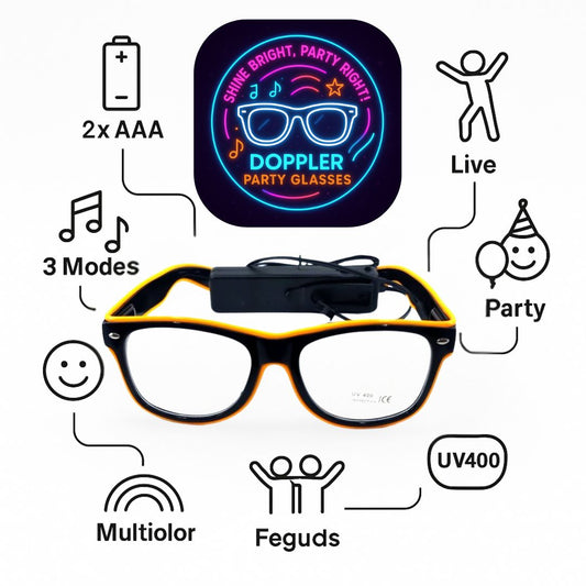 Jonge man met groene LED Doppler feestbril klaar voor Koningsdag – perfect voor festivals, feesten en opvallende looks.