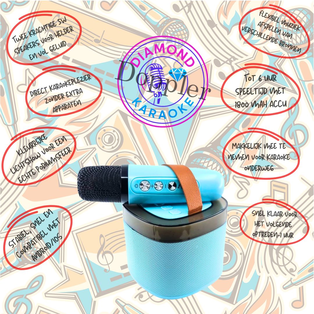 Doppler Diamond – Bluetooth Karaoke Microfoon met LED, Turquoise Blauw, 10W Speaker - FivesquareNLTurquoise BlauwDoppler Diamond – Bluetooth Karaoke Microfoon met LED, Turquoise Blauw, 10W Speaker
