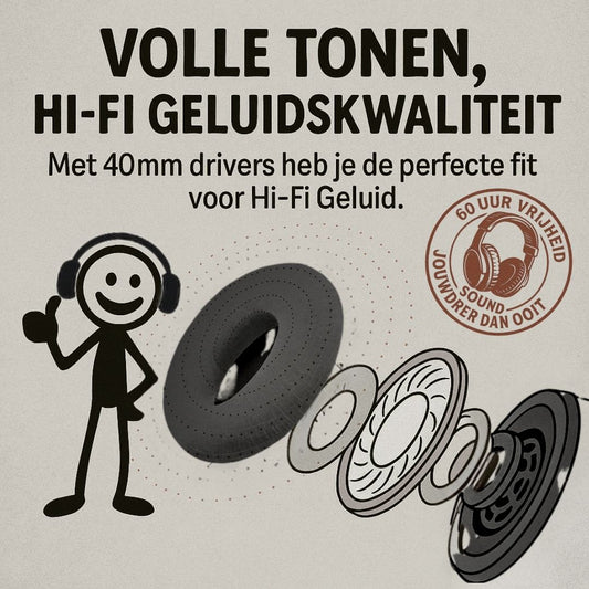 Doppler draadloze over-ear hoofdtelefoon met Bluetooth 5.3, ENC ruisonderdrukking, Hi-Fi geluid en 60 uur batterijduur