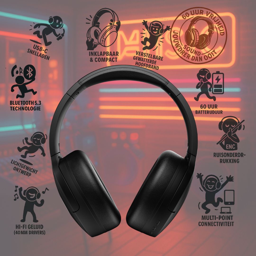 Doppler draadloze over-ear hoofdtelefoon met Bluetooth 5.3, ENC ruisonderdrukking, Hi-Fi geluid en 60 uur batterijduur