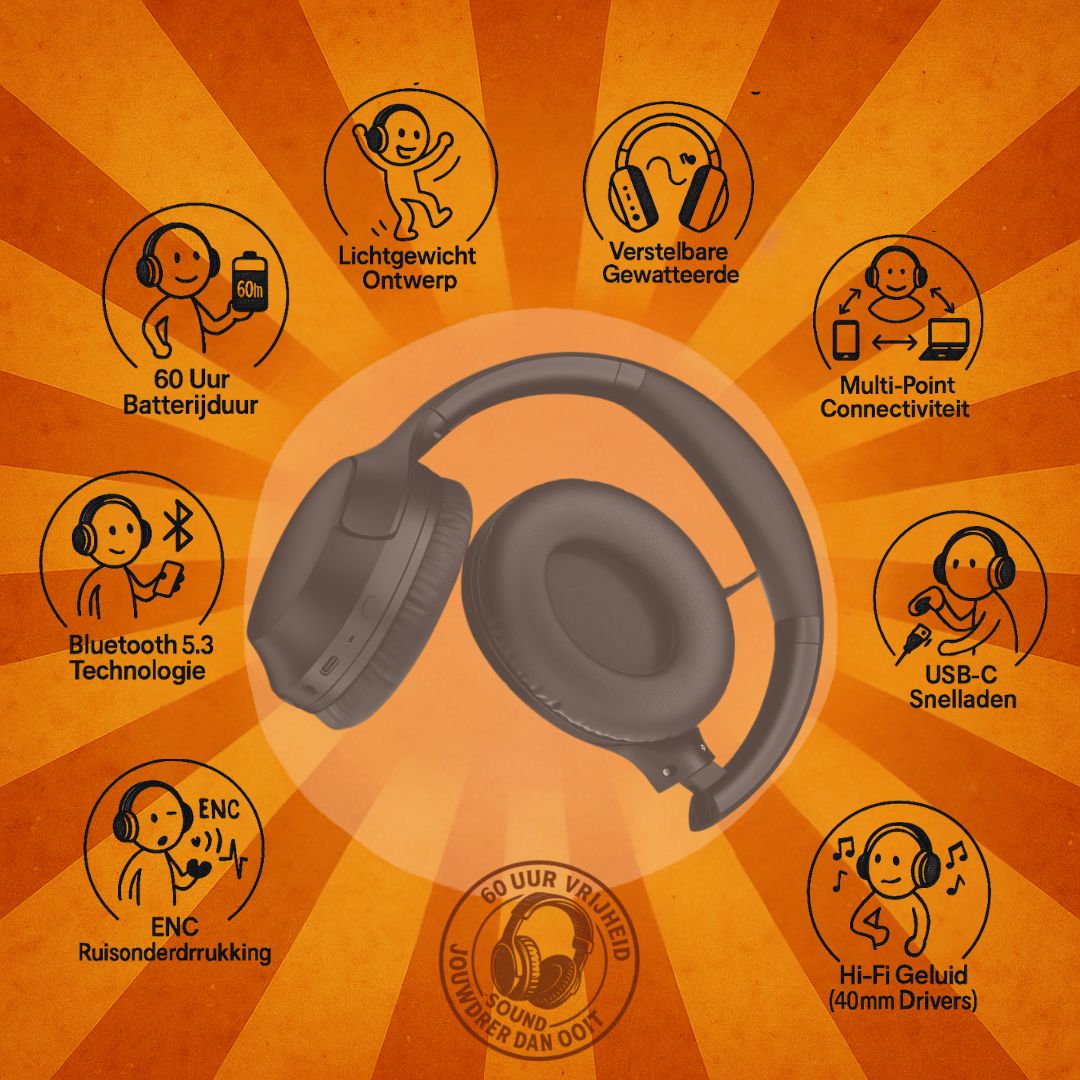 Doppler draadloze over-ear hoofdtelefoon met Bluetooth 5.3, ENC ruisonderdrukking, Hi-Fi geluid en 60 uur batterijduur