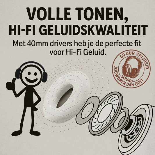 Doppler draadloze over-ear hoofdtelefoon met Bluetooth 5.3, ENC ruisonderdrukking, Hi-Fi geluid en 60 uur batterijduur.