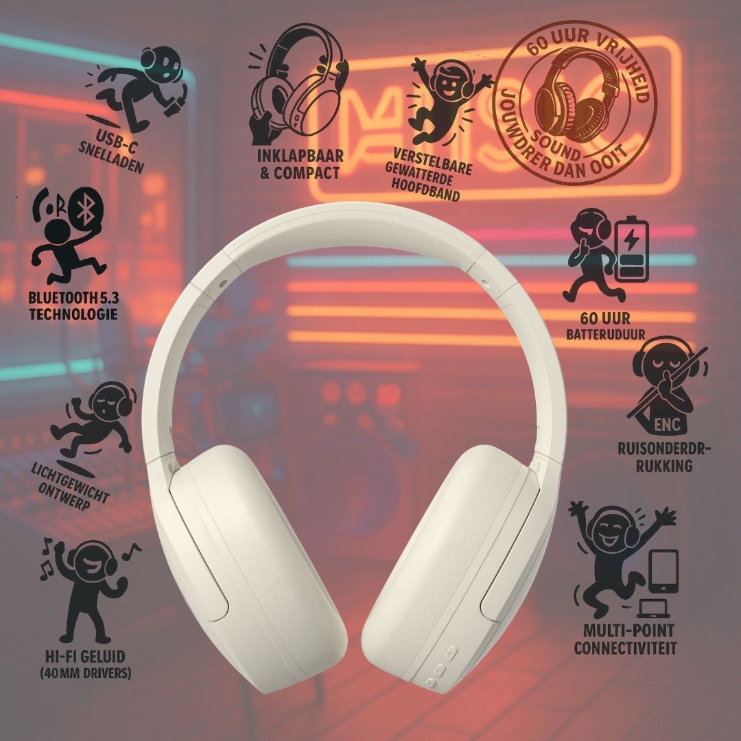 Doppler draadloze over-ear hoofdtelefoon met Bluetooth 5.3, ENC ruisonderdrukking, Hi-Fi geluid en 60 uur batterijduur.