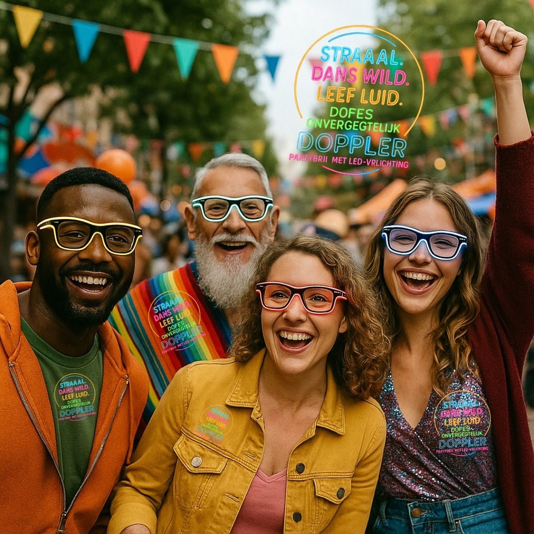 Jonge man met groene LED Doppler feestbril klaar voor Koningsdag – perfect voor festivals, feesten en opvallende looks.