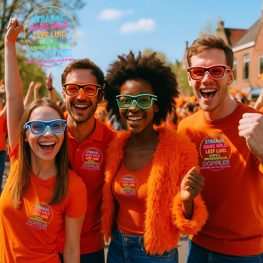 Jonge man met groene LED Doppler feestbril klaar voor Koningsdag – perfect voor festivals, feesten en opvallende looks.
