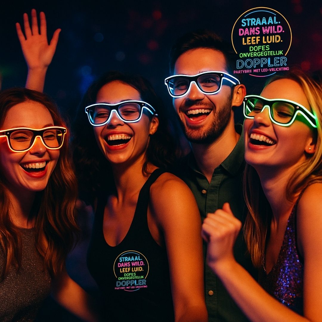 Jonge man met groene LED Doppler feestbril klaar voor Koningsdag – perfect voor festivals, feesten en opvallende looks.