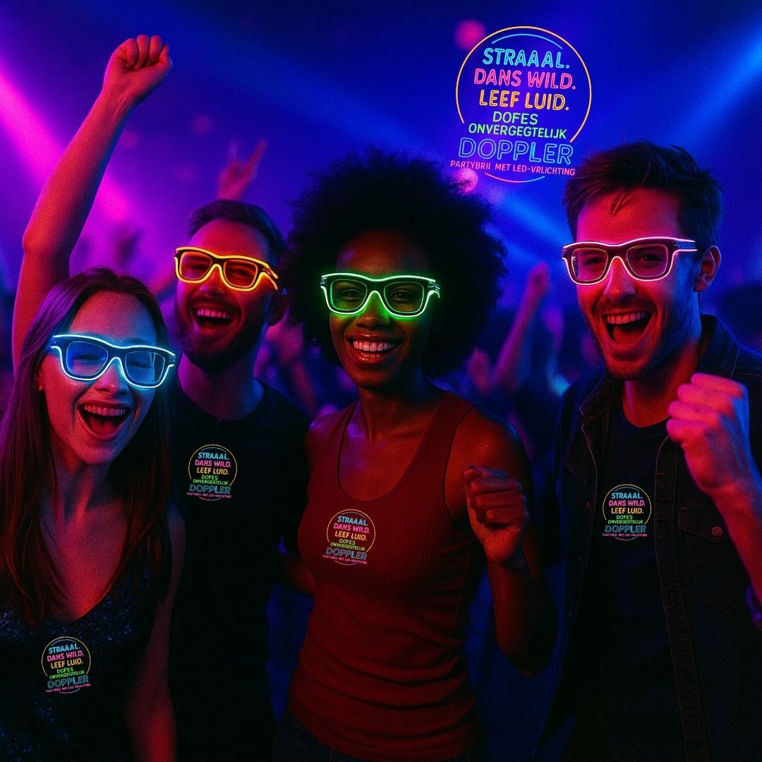 Jonge man met groene LED Doppler feestbril klaar voor Koningsdag – perfect voor festivals, feesten en opvallende looks.
