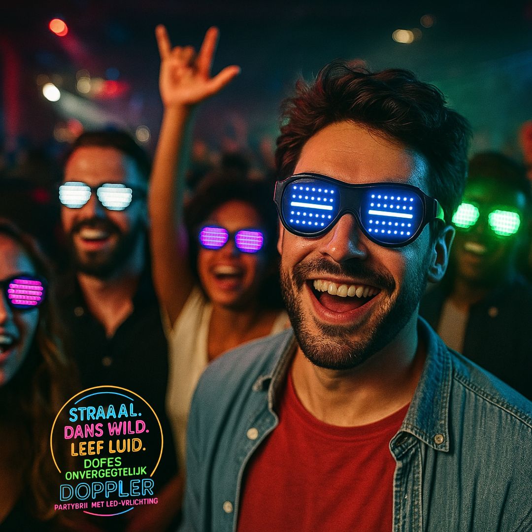 LED feestbril van Doppler met 16 lichteffecten, draadloos ontwerp en verwisselbare kleuren – ideaal voor feest, bruiloft, festival of oudjaarsavond.
