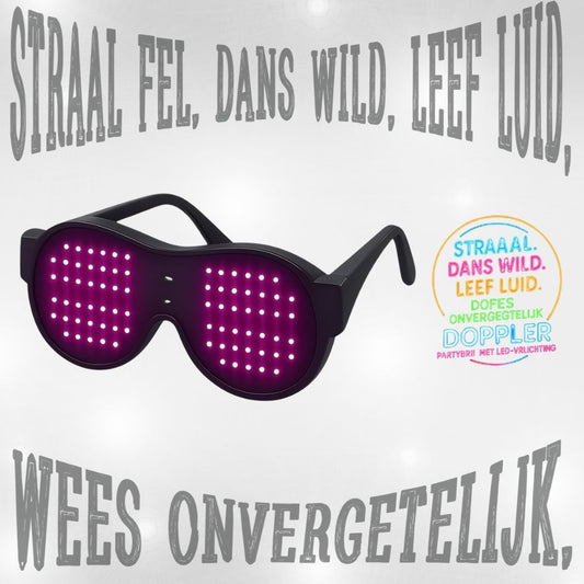 LED feestbril van Doppler met 16 lichteffecten, draadloos ontwerp en verwisselbare kleuren – ideaal voor feest, bruiloft, festival of oudjaarsavond.