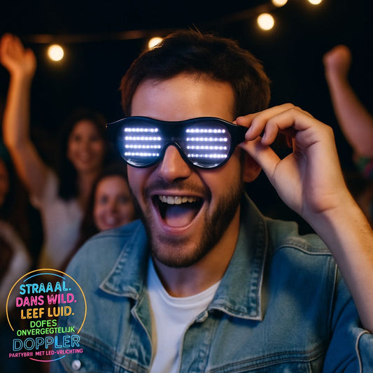 LED feestbril van Doppler met 16 lichteffecten, draadloos ontwerp en verwisselbare kleuren – ideaal voor feest, bruiloft, festival of oudjaarsavond.