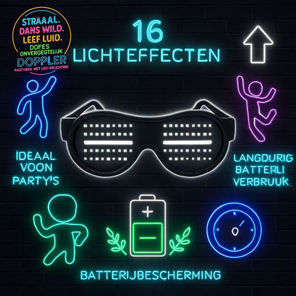 LED feestbril van Doppler met 16 lichteffecten, draadloos ontwerp en verwisselbare kleuren – ideaal voor feest, bruiloft, festival of oudjaarsavond.