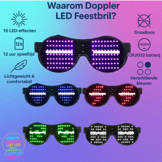 LED feestbril van Doppler met 16 lichteffecten, draadloos ontwerp en verwisselbare kleuren – ideaal voor feest, bruiloft, festival of oudjaarsavond.