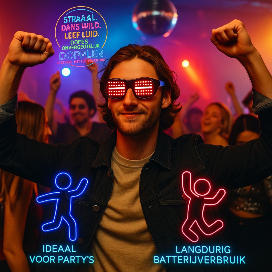 LED feestbril van Doppler met 16 lichteffecten, draadloos ontwerp en verwisselbare kleuren – ideaal voor feest, bruiloft, festival of oudjaarsavond.