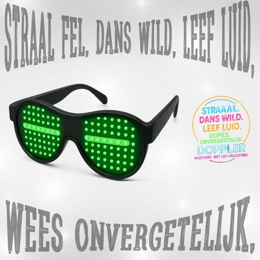 LED feestbril van Doppler met 16 lichteffecten, draadloos ontwerp en verwisselbare kleuren – ideaal voor feest, bruiloft, festival of oudjaarsavond.
