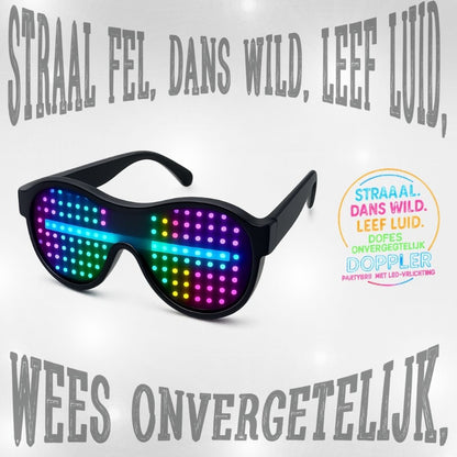 LED feestbril van Doppler met 16 lichteffecten, draadloos ontwerp en verwisselbare kleuren – ideaal voor feest, bruiloft, festival of oudjaarsavond.