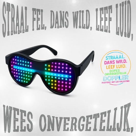 LED feestbril van Doppler met 16 lichteffecten, draadloos ontwerp en verwisselbare kleuren – ideaal voor feest, bruiloft, festival of oudjaarsavond.