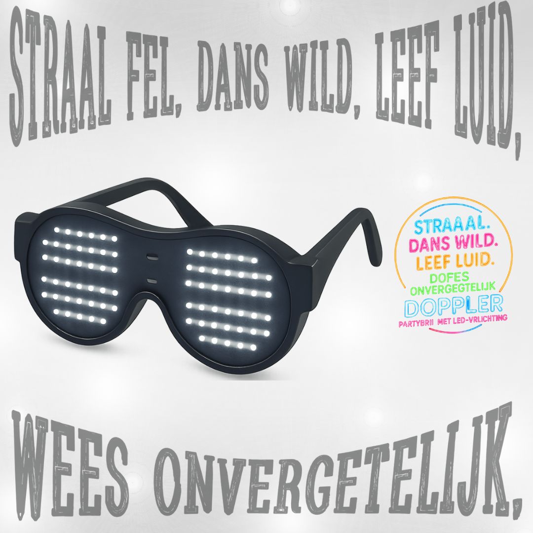 LED feestbril van Doppler met 16 lichteffecten, draadloos ontwerp en verwisselbare kleuren – ideaal voor feest, bruiloft, festival of oudjaarsavond.