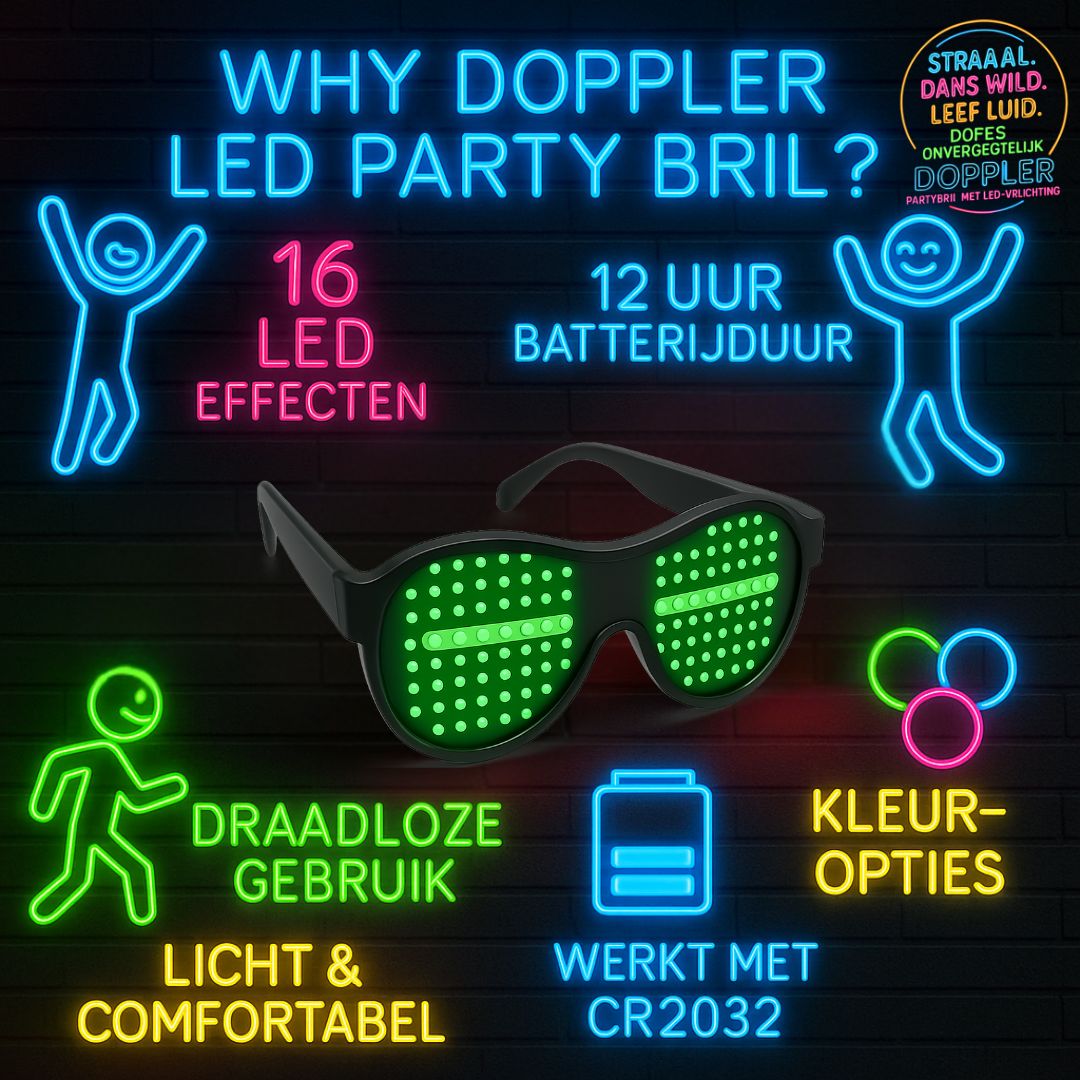 LED feestbril van Doppler met 16 lichteffecten, draadloos ontwerp en verwisselbare kleuren – ideaal voor feest, bruiloft, festival of oudjaarsavond.