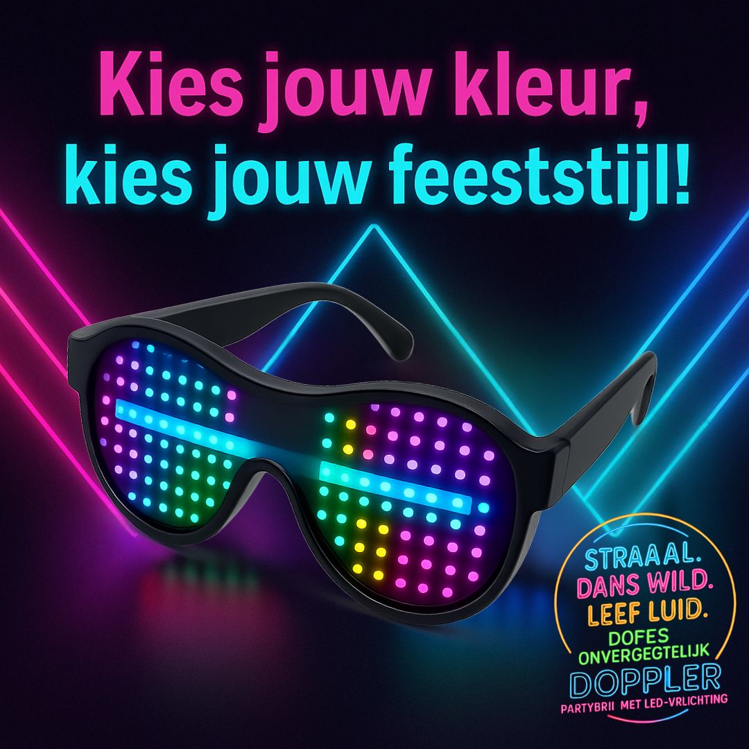 LED feestbril van Doppler met 16 lichteffecten, draadloos ontwerp en verwisselbare kleuren – ideaal voor feest, bruiloft, festival of oudjaarsavond.