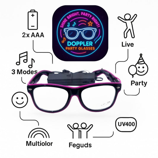 Paars LED Partybril – Neon Verlichting – Op Batterijen – UV400 Bescherming – Doppler HJ-LPG-01