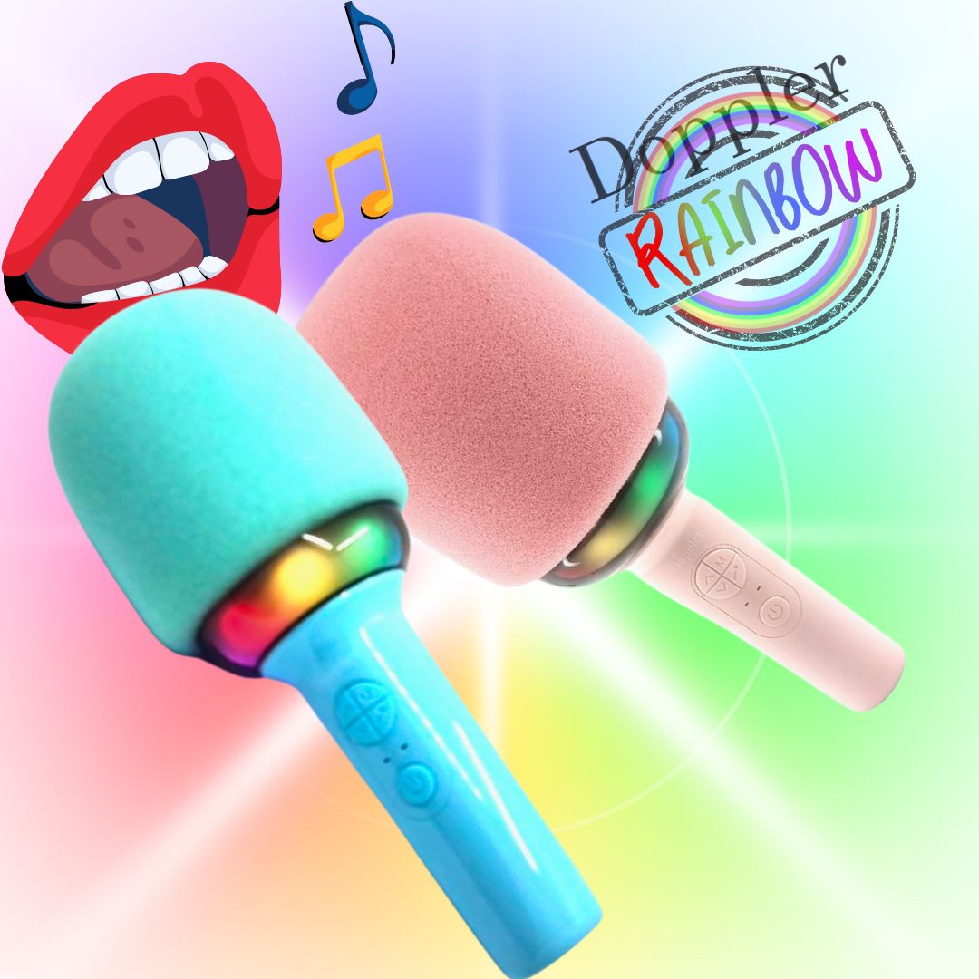 Doppler Rainbow Karaoke Microfoon in Blauw Draadloos, LED Stemvervormer - FivesquareNLTurquoise BlauwDoppler Rainbow Karaoke Microfoon in Blauw Draadloos, LED Stemvervormer