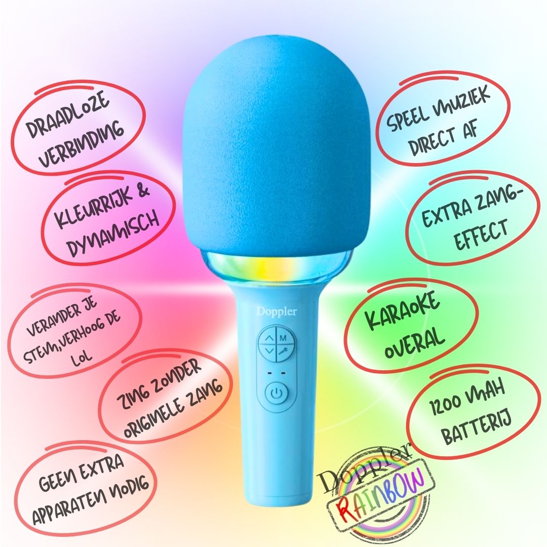 Doppler Rainbow Karaoke Microfoon in Blauw Draadloos, LED Stemvervormer - FivesquareNLTurquoise BlauwDoppler Rainbow Karaoke Microfoon in Blauw Draadloos, LED Stemvervormer