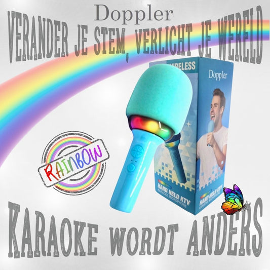 Doppler Rainbow Karaoke Microfoon in Roze Draadloos, LED Stemvervormer - FivesquareNLTurquoise BlauwDoppler Rainbow Karaoke Microfoon in Roze Draadloos, LED Stemvervormer