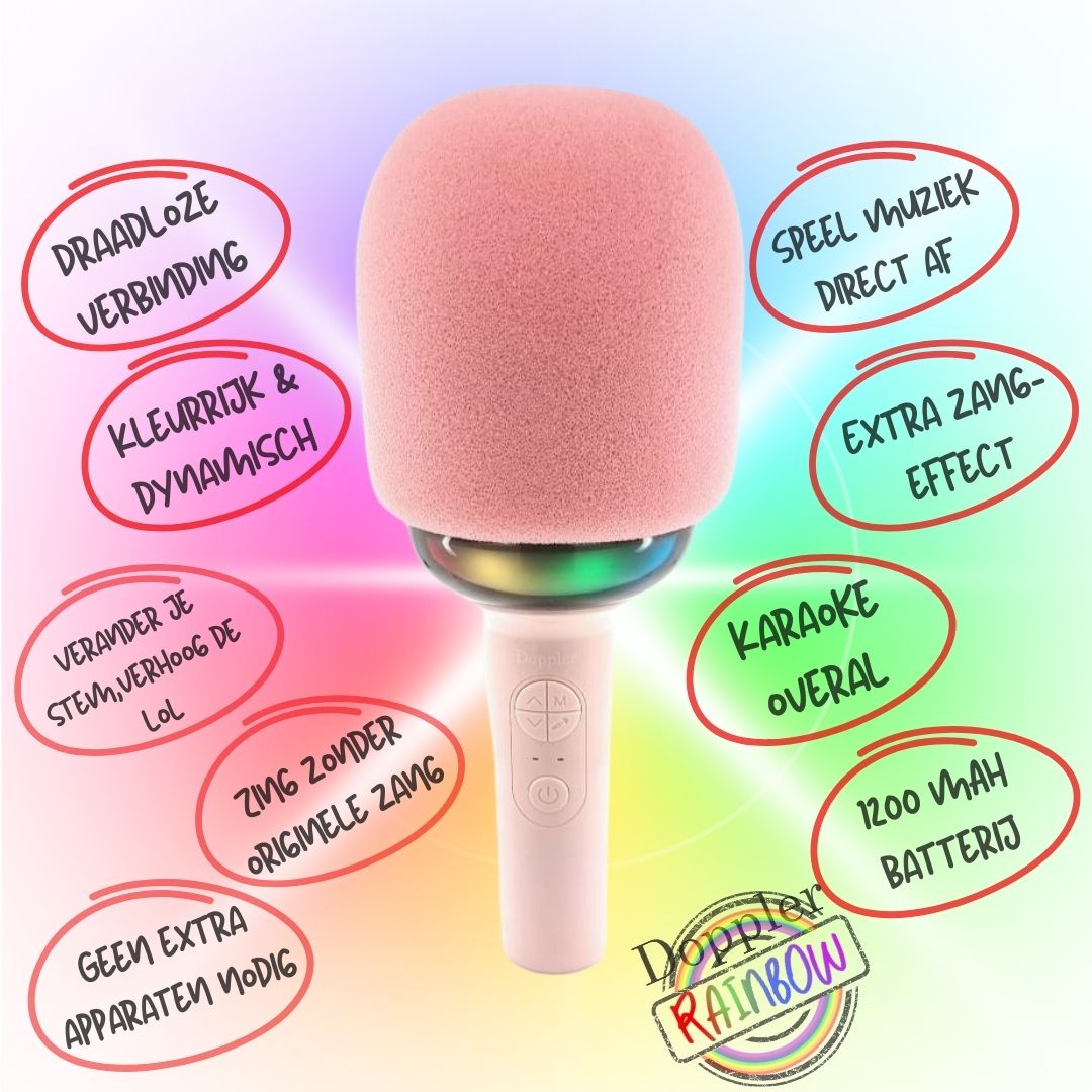 Doppler Rainbow Karaoke Microfoon in Roze Draadloos, LED Stemvervormer - FivesquareNLRozeDoppler Rainbow Karaoke Microfoon in Roze Draadloos, LED Stemvervormer