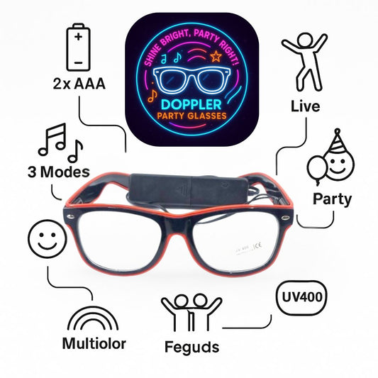 Jonge man met groene LED Doppler feestbril klaar voor Koningsdag – perfect voor festivals, feesten en opvallende looks.