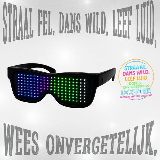 Doppler Smart LED feestbril met 202 heldere LED-lampjes, draadloze bediening via Bluetooth en aanpasbare tekst- en emojiweergave. Verkrijgbaar in 6 kleuren: multicolor, blauw, rood, roze, groen en wit. Ideaal voor feestjes, festivals, Koningsdag en nachtevenementen."