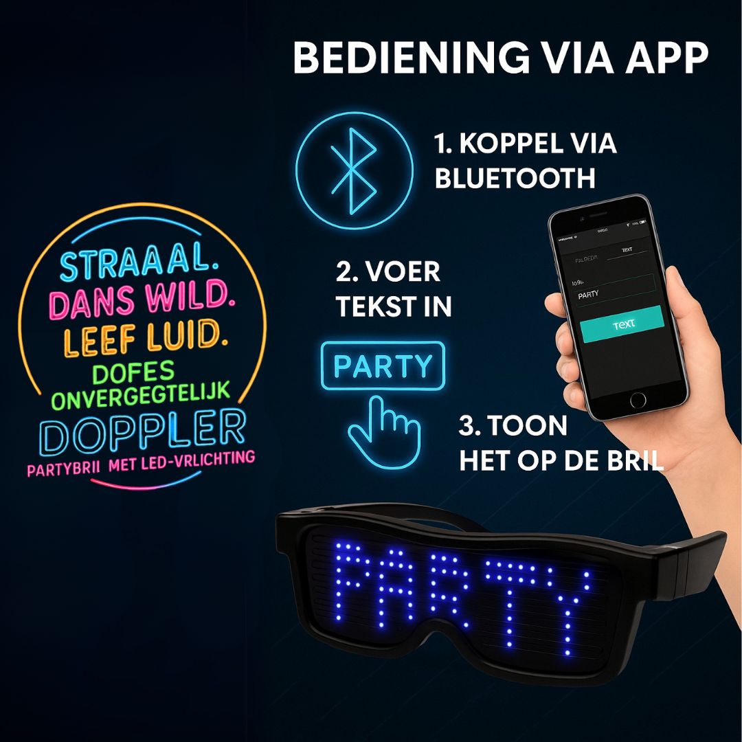 Doppler Smart LED feestbril met 202 heldere LED-lampjes, draadloze bediening via Bluetooth en aanpasbare tekst- en emojiweergave. Verkrijgbaar in 6 kleuren: multicolor, blauw, rood, roze, groen en wit. Ideaal voor feestjes, festivals, Koningsdag en nachtevenementen."