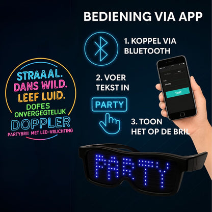 Doppler Smart LED feestbril met 202 heldere LED-lampjes, draadloze bediening via Bluetooth en aanpasbare tekst- en emojiweergave. Verkrijgbaar in 6 kleuren: multicolor, blauw, rood, roze, groen en wit. Ideaal voor feestjes, festivals, Koningsdag en nachtevenementen."