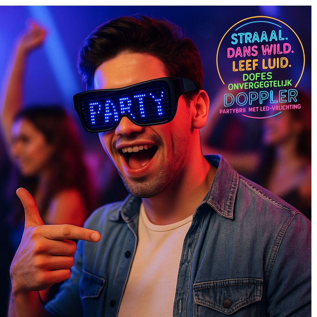 Doppler Smart LED feestbril met 202 heldere LED-lampjes, draadloze bediening via Bluetooth en aanpasbare tekst- en emojiweergave. Verkrijgbaar in 6 kleuren: multicolor, blauw, rood, roze, groen en wit. Ideaal voor feestjes, festivals, Koningsdag en nachtevenementen."