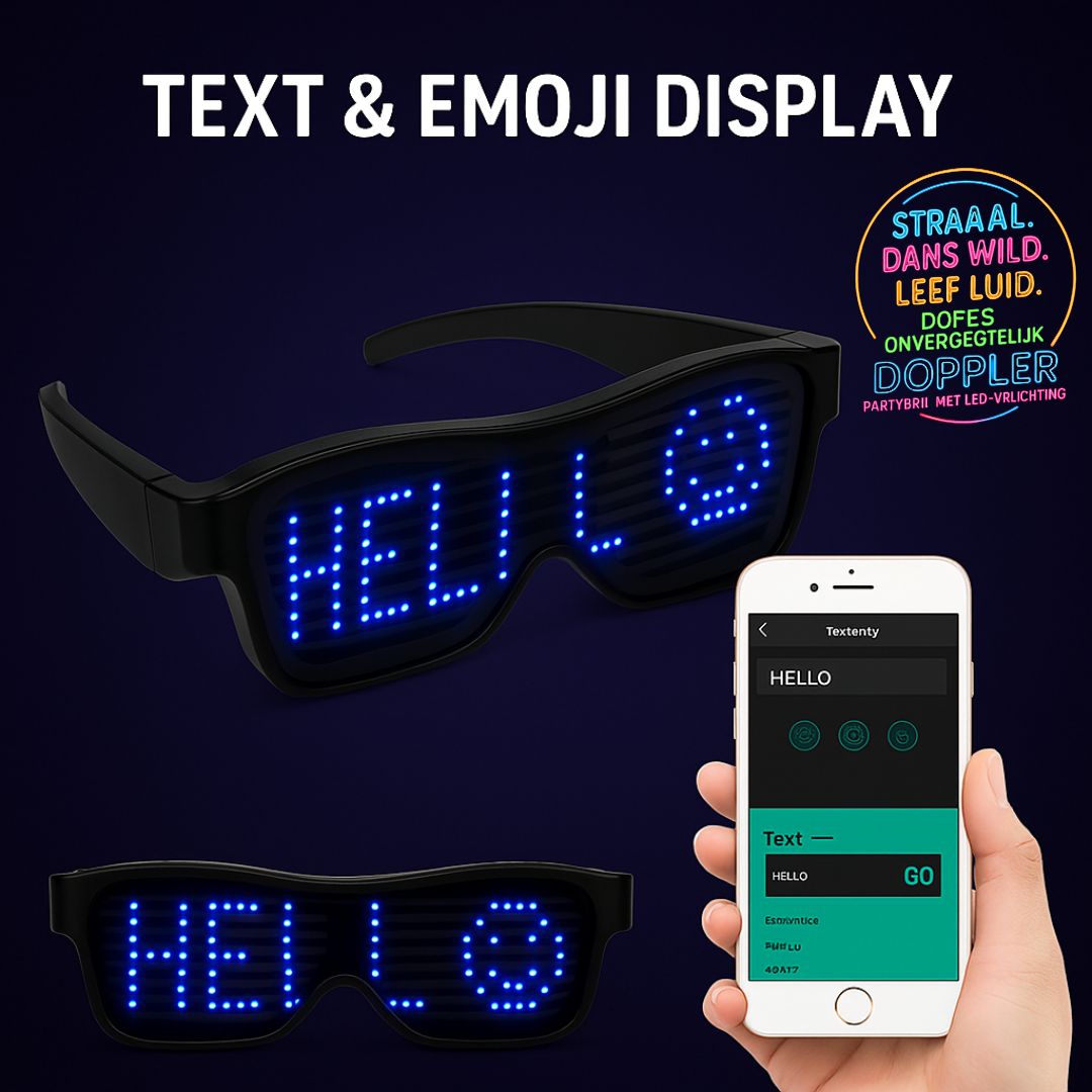 Doppler Smart LED feestbril met 202 heldere LED-lampjes, draadloze bediening via Bluetooth en aanpasbare tekst- en emojiweergave. Verkrijgbaar in 6 kleuren: multicolor, blauw, rood, roze, groen en wit. Ideaal voor feestjes, festivals, Koningsdag en nachtevenementen."