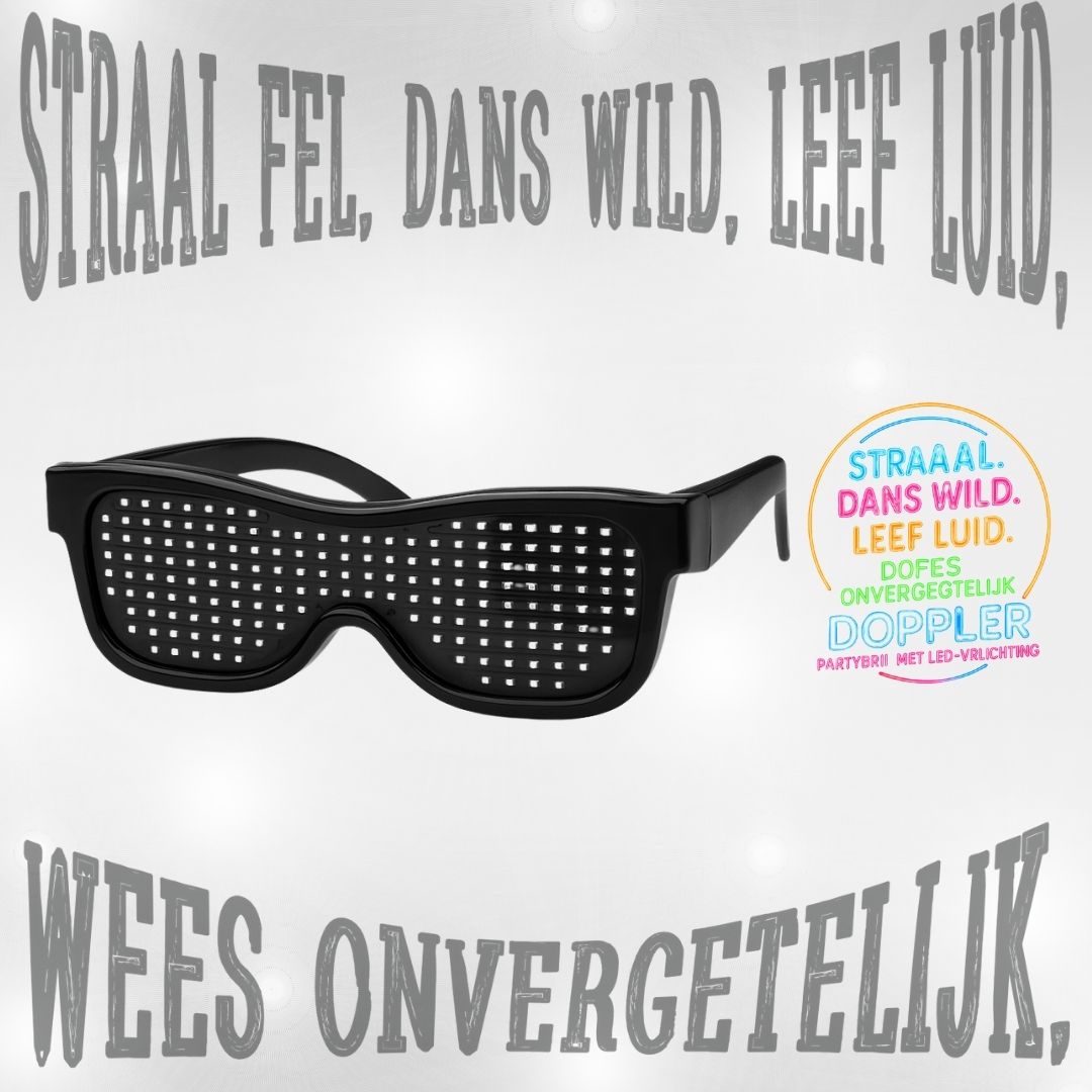 Doppler Smart LED feestbril met 202 heldere LED-lampjes, draadloze bediening via Bluetooth en aanpasbare tekst- en emojiweergave. Verkrijgbaar in 6 kleuren: multicolor, blauw, rood, roze, groen en wit. Ideaal voor feestjes, festivals, Koningsdag en nachtevenementen."