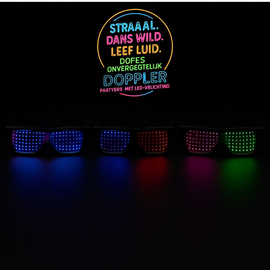 Doppler Smart LED feestbril met 202 heldere LED-lampjes, draadloze bediening via Bluetooth en aanpasbare tekst- en emojiweergave. Verkrijgbaar in 6 kleuren: multicolor, blauw, rood, roze, groen en wit. Ideaal voor feestjes, festivals, Koningsdag en nachtevenementen."