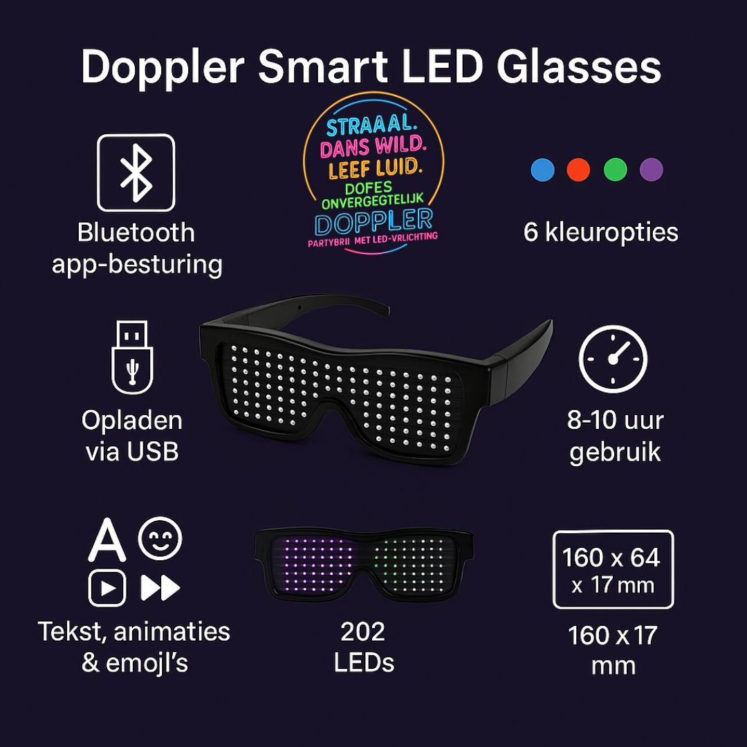 Doppler Smart LED feestbril met 202 heldere LED-lampjes, draadloze bediening via Bluetooth en aanpasbare tekst- en emojiweergave. Verkrijgbaar in 6 kleuren: multicolor, blauw, rood, roze, groen en wit. Ideaal voor feestjes, festivals, Koningsdag en nachtevenementen."