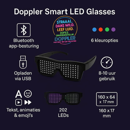 Doppler Smart LED feestbril met 202 heldere LED-lampjes, draadloze bediening via Bluetooth en aanpasbare tekst- en emojiweergave. Verkrijgbaar in 6 kleuren: multicolor, blauw, rood, roze, groen en wit. Ideaal voor feestjes, festivals, Koningsdag en nachtevenementen."