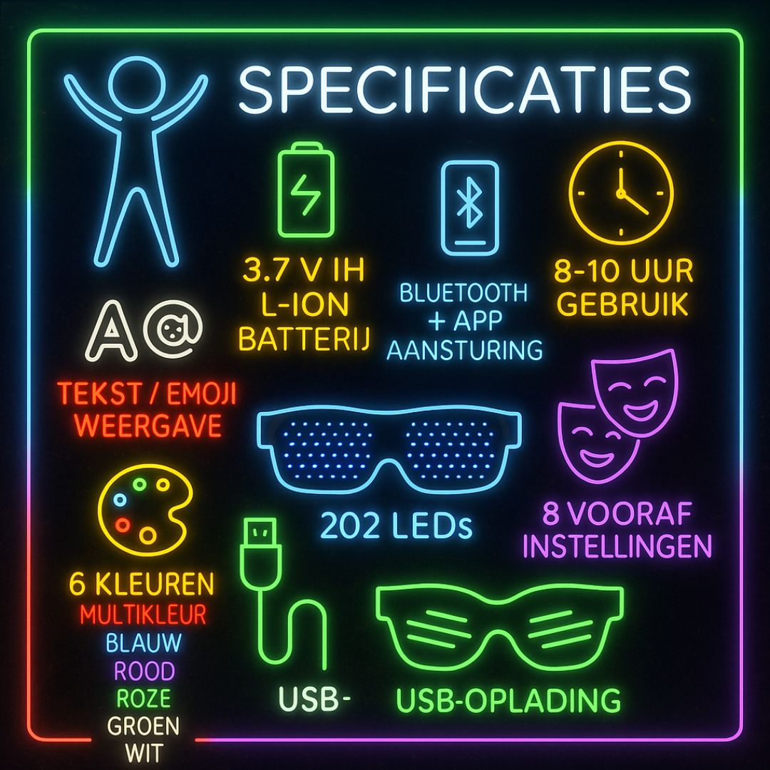 Doppler Smart LED feestbril met 202 heldere LED-lampjes, draadloze bediening via Bluetooth en aanpasbare tekst- en emojiweergave. Verkrijgbaar in 6 kleuren: multicolor, blauw, rood, roze, groen en wit. Ideaal voor feestjes, festivals, Koningsdag en nachtevenementen."