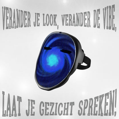 Doppler Smart LED Feestmasker – Draadloos, oplaadbaar masker met kleurrijke LED-verlichting, animaties, teksten en app-bediening voor feest, carnaval en evenementen.
