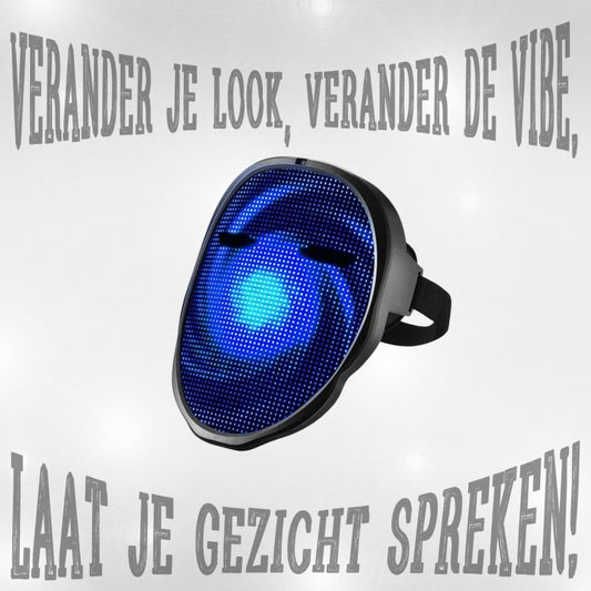 Doppler Smart LED Feestmasker – Draadloos, oplaadbaar masker met kleurrijke LED-verlichting, animaties, teksten en app-bediening voor feest, carnaval en evenementen.