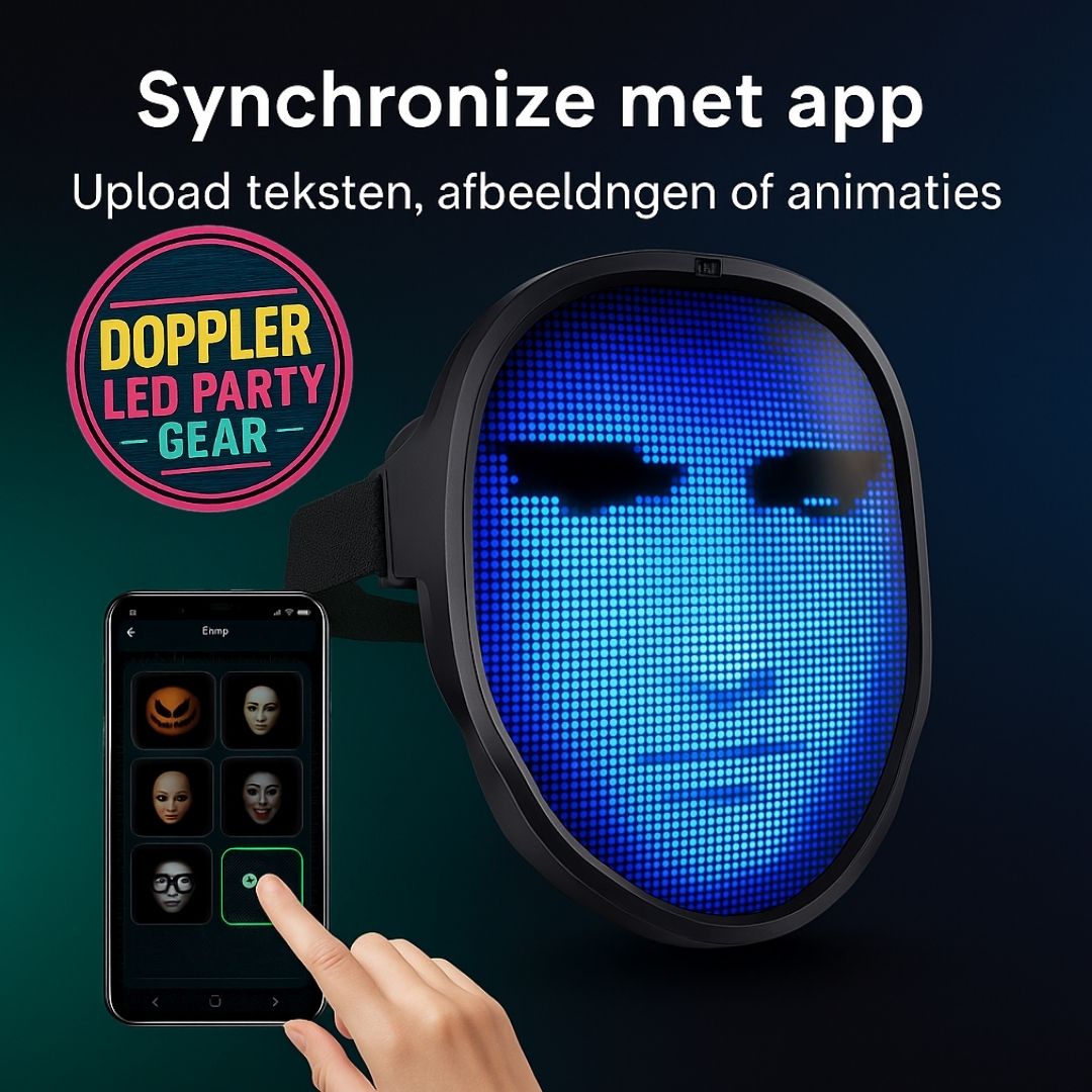 Doppler Smart LED Feestmasker – Draadloos, oplaadbaar masker met kleurrijke LED-verlichting, animaties, teksten en app-bediening voor feest, carnaval en evenementen.