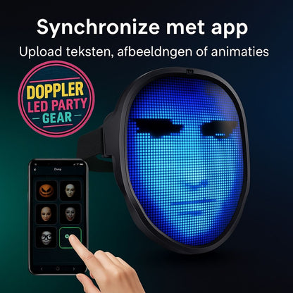 Doppler Smart LED Feestmasker – Draadloos, oplaadbaar masker met kleurrijke LED-verlichting, animaties, teksten en app-bediening voor feest, carnaval en evenementen.