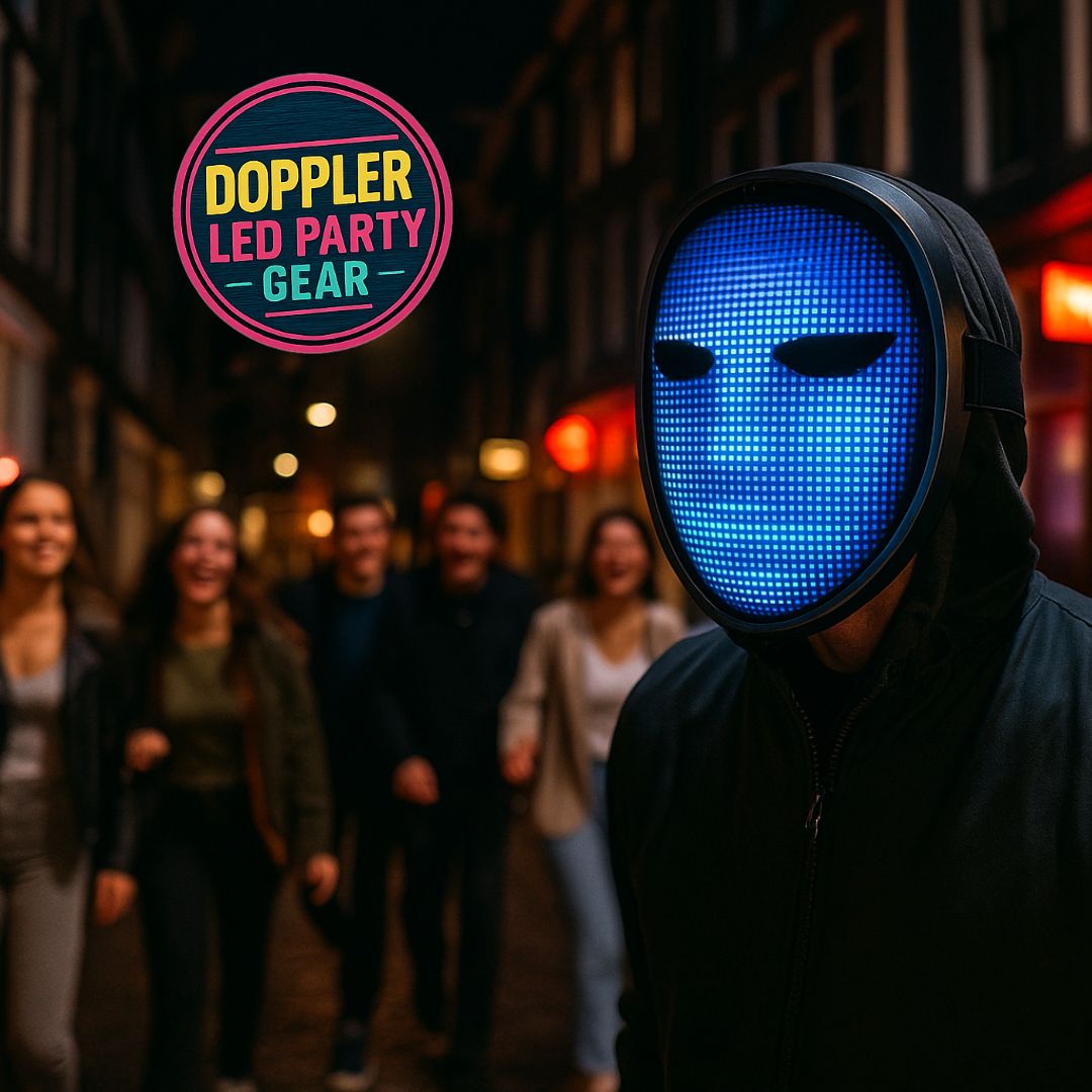 Doppler Smart LED Feestmasker – Draadloos, oplaadbaar masker met kleurrijke LED-verlichting, animaties, teksten en app-bediening voor feest, carnaval en evenementen.
