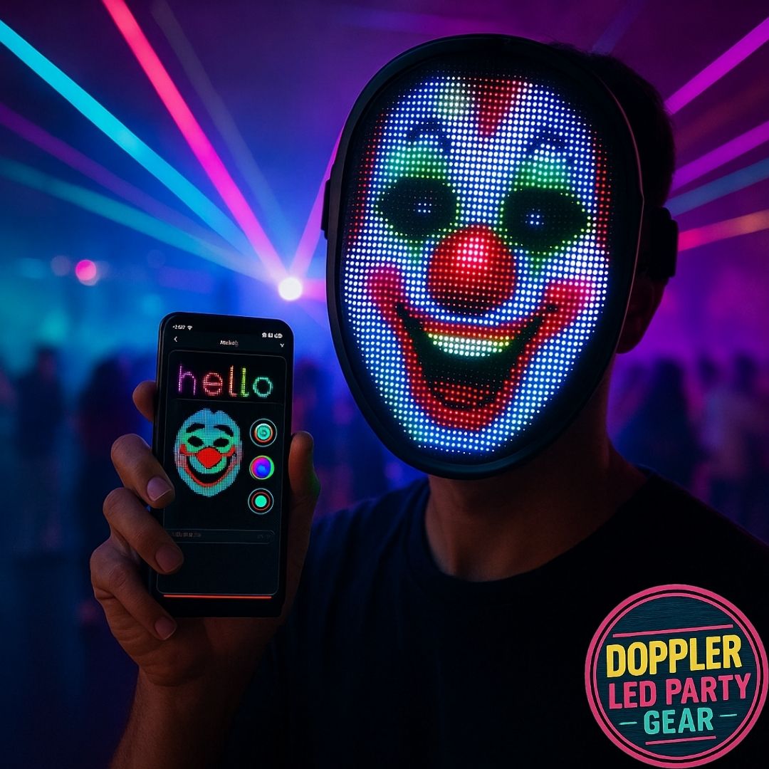 Doppler Smart LED Feestmasker – Draadloos, oplaadbaar masker met kleurrijke LED-verlichting, animaties, teksten en app-bediening voor feest, carnaval en evenementen.