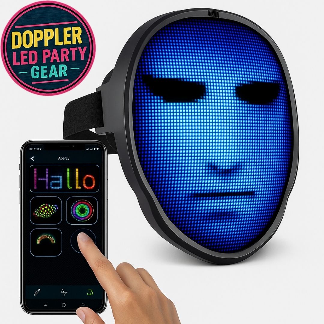 Doppler Smart LED Feestmasker – Draadloos, oplaadbaar masker met kleurrijke LED-verlichting, animaties, teksten en app-bediening voor feest, carnaval en evenementen.