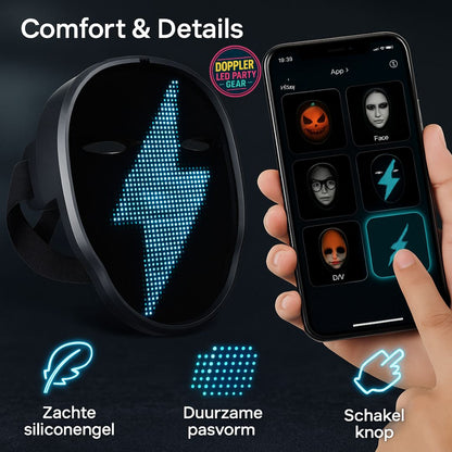 Doppler Smart LED Feestmasker – Draadloos, oplaadbaar masker met kleurrijke LED-verlichting, animaties, teksten en app-bediening voor feest, carnaval en evenementen.